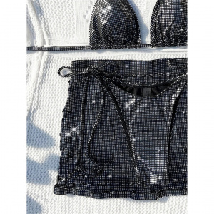 Costum de baie 3 piese metalizat, fusta scurta cu decupaje, argintiu #ZZ3016 - Img 10