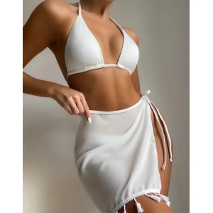 Costum de baie 3 piese reiat, fusta cu ciucurasi decorativi, alb #ZZ3951