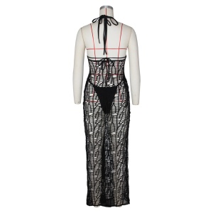 Costum de baie 3 piese, rochie lunga crosetata cu spatele gol, negru #ZZ3039 - Img 8