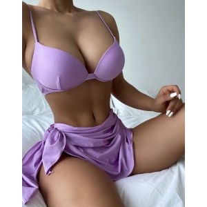 Costum de baie 3 piese satinat, cu esarfa, cupe buretate, lila #ZZ3971 - Img 2