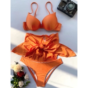 Costum de baie 3 piese satinat, cu esarfa, cupe buretate, portocaliu #ZZ3972 - Img 5