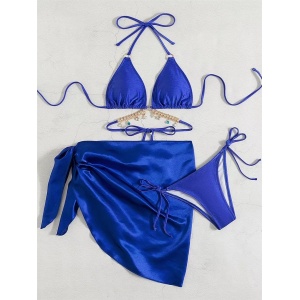 Costum de baie 3 piese satinat cu esarfa, perle decorative, albastru #ZZ3984 - Img 5