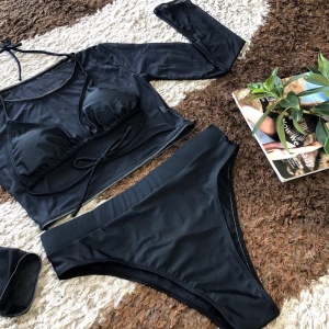 Costum de baie 3 piese sexy cu bluza scurta semitransparenta, negru #ZZ3924 - Img 5