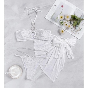 Costum de baie 3 piese texturat, cu esarfa, sutien cu cercuri metalice si prindere dupa gat, alb #ZZ3943 - Img 3