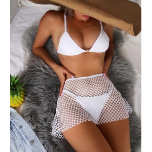 Costum de baie 3 piese texturat, fusta cu gaurele, alb #ZZ3958