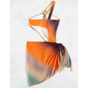 Costum de baie intreg cu esarfa, decupaje si decolteu, portocaliu/ multicolor #ZZ1920 - Img 4
