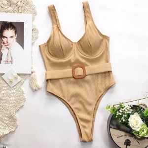 Costum de baie intreg din material reiat, curea elastica detasabila in talie, nude #ZZ1913 - Img 5
