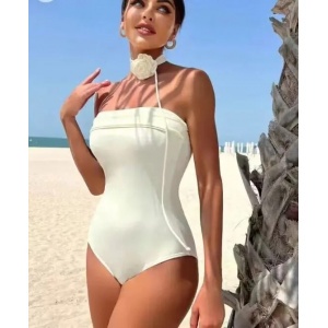 Costum de baie intreg fara bretele, snur versatil cu trandafir decorativ, alb ivoire #ZZ1008 - Img 2