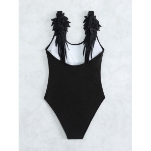 Costum de baie intreg ridat cu spatele gol si bretele cu aripi decorative, negru #ZZ1902 - Img 2