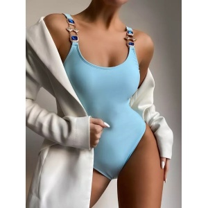 Costum de baie intreg sexy , bretele cu elemente metalice si cristale decorative, bleu/ turcoaz #ZZ1937