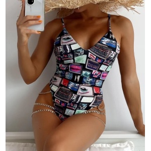 Costum de baie intreg sexy, cu imprimeu si lanturi aurii decorative, multicolor #ZZ1911