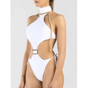 Costum de baie intreg tanga cu decupaje si lant auriu decorativ, alb #ZZ1955 - Img 4