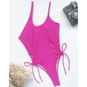 Costum de baie intreg tanga, pe un umar , cu snururi laterale, roz neon #ZZ1957 - Img 4