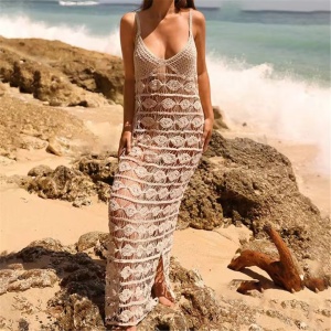 Rochie lungă sexy de plajă, tricotată, bej #ZZ1104
