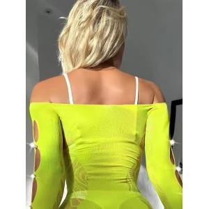 Rochie scurta sexy, elastica, cu maneca lunga si perle decorative, verde neon #ZZ4604 - Img 8