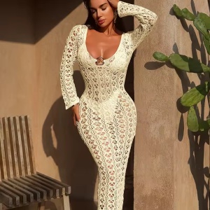 Rochie sexy de plajă tricotată, cu mânecă lungă, ivoire #ZZ1088 - Img 2