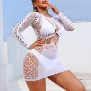 Rochie sexy elastica din plasa cu maneca lunga si decupaje, alb #ZZ4450 - Img 9