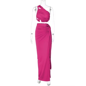 Set 2 piese cu bustiera pe un umăr și fustă lungă cu crăpătură , roz fucsia #ZZ2148 - Img 7