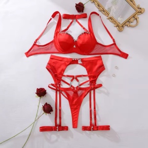 Set lenjerie intima satinat cu cristale decorative, rosu, 4 piese#ZZ4191 - Img 11