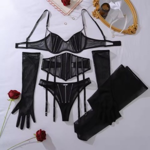Set lenjerie intima sexy cu balene de sustinere, manusi si ciorapi, 5 piese, negru #ZZ4225 - Img 8