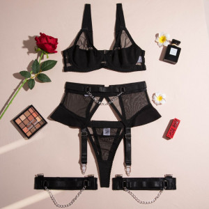 Set lenjerie intima sexy cu benzi, catarame si lantisor decorativ, negru, 4 piese #ZZ4184 - Img 11