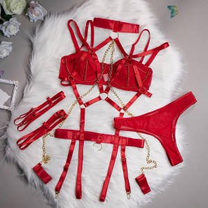 Set lenjerie intima sexy cu benzi si accesorii gat si maini tip catuse, rosu, 4 piese #ZZ4159 - Img 11