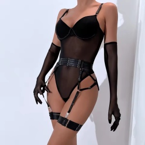 Set lenjerie intima sexy cu body si manusi lungi , negru, 4 piese #ZZ4274 - Img 6