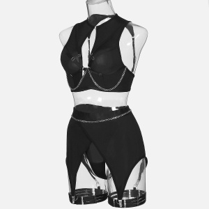 Set lenjerie intima sexy cu bretele si lantisoare decorative, negru, 4 piese #ZZ4342 - Img 7