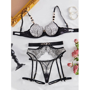 Set lenjerie intima sexy cu broderie si cristale mari decorative, negru/ nude, 4 piese #ZZ4086 - Img 9