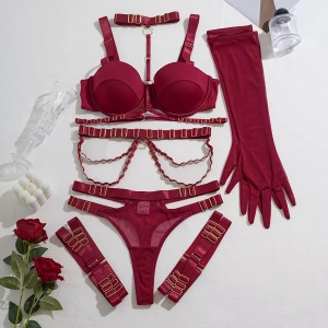 Set lenjerie intima sexy cu catarame decorative si manusi lungi , visiniu, 5 piese #ZZ4624 - Img 10