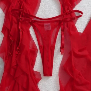 Set lenjerie intima sexy cu ciorapi inalti, roșu, 4 piese #ZZ4160 - Img 12