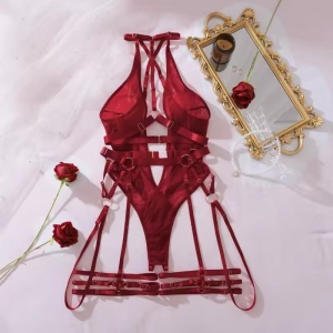 Set lenjerie intima sexy cu decolteu adânc, decupaje și bretele, vișiniu , 2 piese #ZZ4139 - Img 7