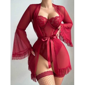 Set lenjerie intima sexy cu halat, body si ciorapi plasa, visiniu, 3 piese #ZZ4458