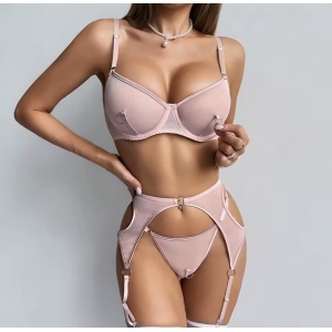 Set lenjerie intima sexy cu inele metalice decorative, roz, 4 piese#ZZ4222 - Img 4