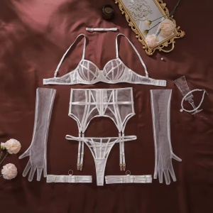 Set lenjerie intima sexy cu insertii de tul, alb, 5 piese#ZZ4378 - Img 6