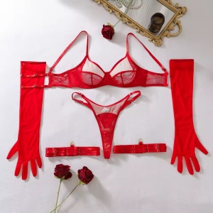 Set lenjerie intima sexy cu insertii de tul nude si manusi lungi, rosu, 4 piese #ZZ4591 - Img 5