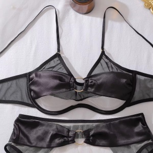 Set lenjerie intima sexy cu insertii de tul transparent si ciorapi inalti, 4 piese, negru, #ZZ4068 - Img 11