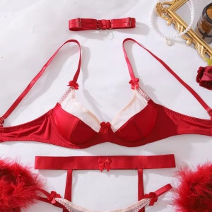 Set lenjerie intima sexy cu insertii de tul, visiniu, 6 piese#ZZ4389 - Img 8