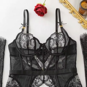 Set lenjerie intima sexy din dantela brodata cu corset si manusi, 4 piese, negru #ZZ4122 - Img 9