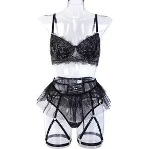 Set lenjerie intima sexy din dantela brodata si tul, negru, 4 piese#ZZ4953 - Img 9