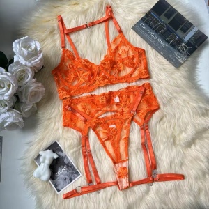 Set lenjerie intima sexy din dantela cu broderie, portocaliu, 5 piese #ZZ4321 - Img 7