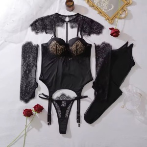 Set lenjerie intima sexy din dantela cu corset si manusi, 4 piese, negru, #ZZ4400 - Img 9