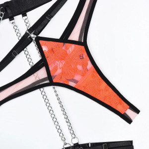 Set lenjerie intima sexy din dantela cu decupaje si lantisoare metalice, negru/ portocaliu, 5 piese #ZZ4147 - Img 12