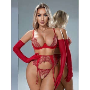Set lenjerie intima sexy din dantela cu manusi lungi, rosu, 4 piese#ZZ4537 - Img 5