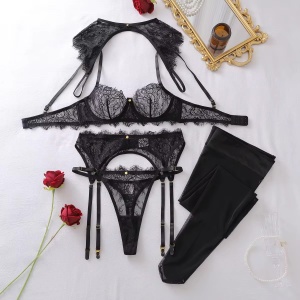 Set lenjerie intima sexy din dantela cu portjartier si ciorapi, 5 piese, negru, #ZZ4166 - Img 8