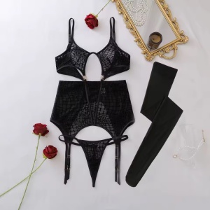 Set lenjerie intima sexy din dantela fina brodata, ciorapi, 3 piese, negru #ZZ4241 - Img 8