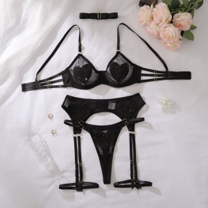 Set lenjerie intima sexy din dantela fina cu inimi aplicate, negru, 5 piese #ZZ4672 - Img 9