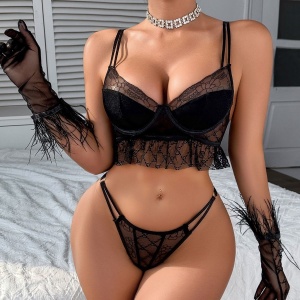 Set lenjerie intima sexy din dantelată brodată cu mănuși, negru, 3 piese #ZZ4263