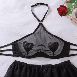 Set lenjerie intima sexy din dantelată brodată și tul, cu ciorapi înalți, negru, 4 piese #ZZ4001 - Img 9