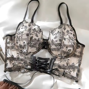 Set lenjerie intima sexy din dantelată brodată și tul, nude/ negru, 4 piese #ZZ4498 - Img 9